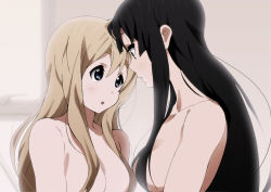 Rule 34 | 00s, 2girls, akiyama mio, black eyes, black hair, blonde hair, blue eyes, breasts, censored, censored nipples, completely nude, convenient censoring, eye contact, hair censor, hair over breasts, k-on!, kotobuki tsumugi, long hair, looking at another, multiple girls, nude, official style, open mouth, upper body, yamasaki wataru, yuri