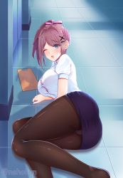 Rule 34 | 1girl, :3, ;d, absurdres, ass, black pantyhose, blue skirt, bow, bra, breasts, brown hair, buttons, clipboard, collared shirt, elevator door, eyes visible through hair, hair bow, hair ornament, hallway, highres, large breasts, lying, neho-kun, nijisanji, office lady, on floor, on side, one eye closed, open mouth, panties, panties under pantyhose, pantyhose, ponytail, puffy short sleeves, puffy sleeves, shadow, shirt, short sleeves, skirt, smile, solo, suzuhara lulu, sweat, underwear, virtual youtuber, white shirt, x hair ornament