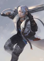 Rule 34 | 1boy, ammunition, armor, bandolier, belt, belt buckle, black gloves, black pants, brown eyes, buckle, chest belt, choker, coat, commentary, english commentary, feet out of frame, final fantasy, final fantasy xiv, fingerless gloves, from side, gloves, greaves, grey background, grey hair, gunblade, gunbreaker (final fantasy), hands up, highres, holding, holding weapon, hyur, leg up, looking at viewer, male focus, neck tattoo, over shoulder, pants, pouch, realistic, saf veij, salute, short hair, smile, solo, tattoo, thancred waters, two-finger salute, weapon, weapon over shoulder, white choker, white coat