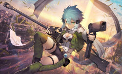 Rule 34 | 1girl, action, anti-materiel rifle, aqua eyes, aqua hair, belt, black shorts, bolt action, breasts, chaps, cleavage, commentary, dual wielding, firing, glock, green chaps, groin, gun, gun sling, hair between eyes, hair ornament, hairclip, handgun, highleg, highleg leotard, highres, holding, jacket, jumping, leotard, looking at viewer, md5 mismatch, medium breasts, nakamura eight, outdoors, parted lips, pgm hecate ii, resolution mismatch, rifle, scarf, serious, shell casing, short hair, short shorts, shorts, sidelocks, sinon, slit pupils, sniper rifle, solo, source smaller, sunset, sword art online, thigh strap, weapon, white leotard, white scarf
