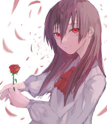 Rule 34 | 1girl, absurdres, bad id, bad pixiv id, brown hair, closed mouth, commentary, flower, hair between eyes, highres, holding, holding flower, ib (ib), ib (kouri), long hair, long sleeves, petals, poono, puffy long sleeves, puffy sleeves, red eyes, red flower, red neckwear, red rose, rose, shirt, simple background, smile, solo, upper body, white background, white shirt