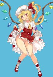 Rule 34 | 1girl, ascot, bare legs, blonde hair, blush, bow, breasts, cleft of venus, clothes lift, crystal, fang, flandre scarlet, frilled shirt, frilled shirt collar, frilled skirt, frilled sleeves, frills, hat, hat bow, hat ribbon, lifting own clothes, looking at viewer, medium hair, mob cap, no panties, open mouth, puffy short sleeves, puffy sleeves, pussy, red bow, red eyes, red ribbon, ribbon, shirt, short hair, short sleeves, side ponytail, simple background, skirt, skirt lift, skirt set, smile, solo, touhou, tsudero, uncensored, white shirt, wings, yellow ascot