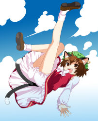 Rule 34 | 1girl, animal ears, bad id, bad pixiv id, bloomers, brown eyes, brown hair, cat ears, cat girl, cat tail, chen, cloud, day, dress, earrings, female focus, full body, gradient background, hat, jewelry, legs, mattaku mousuke, multiple tails, open mouth, outdoors, short hair, sky, solo, tail, touhou, underwear, white background