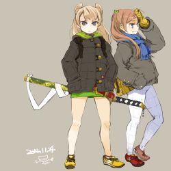 Rule 34 | 2girls, blonde hair, blue eyes, brown hair, closed mouth, dated, full body, gloves, long hair, looking at viewer, mota, multiple girls, original, scarf, shoes, simple background, skirt, sneakers, sword, twintails, weapon