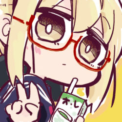 Rule 34 | 1girl, artoria pendragon (fate), black sailor collar, black shirt, blonde hair, blush, brown eyes, chibi, closed mouth, commentary request, drinking straw, fate/grand order, fate (series), from side, glasses, holding, kasuga yuuki, looking at viewer, looking to the side, mysterious heroine x alter (fate), red-framed eyewear, sailor collar, semi-rimless eyewear, shirt, sketch, solo, under-rim eyewear, upper body, v, yellow background