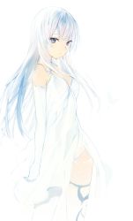Rule 34 | 1girl, bare shoulders, blue eyes, breasts, dress, elbow gloves, expressionless, gloves, lpip, original, silver hair, solo, thighhighs, white background, white dress, white gloves, white thighhighs