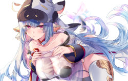 Rule 34 | 1girl, :o, aki663, animal ears, animal print, blue hair, blunt bangs, blush, breasts, catura (granblue fantasy), choker, collarbone, commentary request, cow ears, cow girl, cow hat, cow print, detached sleeves, draph, granblue fantasy, highres, large breasts, long hair, looking at viewer, pointy ears, simple background, solo, thighhighs, thighs, very long hair, white background, white choker, white thighhighs