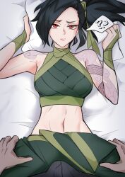Rule 34 | 1boy, 1girl, ?, ??, absurdres, akali, arm tattoo, black hair, breasts, bulge, closed mouth, crop top, from above, green pants, green ribbon, hair ribbon, hands up, highres, large breasts, league of legends, long hair, looking at viewer, lying, navel, no veil, on back, pants, pillow, pillow grab, ribbon, shoulder tattoo, solo focus, solssi, stomach, sweatdrop, tattoo