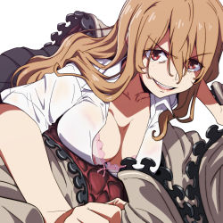 Rule 34 | 1girl, aoki clair, black skirt, bra, breast rest, breasts, brown hair, cleavage, collared shirt, dress shirt, evil smile, freckles, gleipnir (series), hair between eyes, highres, kagaya shuichi, large breasts, long hair, looking at viewer, lying, medium breasts, miniskirt, on stomach, open clothes, open shirt, pink bra, pleated skirt, red eyes, school uniform, shirt, short sleeves, simple background, skirt, smile, solo, solo focus, underwear, v-shaped eyebrows, very long hair, white background, white shirt, yazwo, zipper