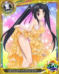Rule 34 | 10s, 1girl, artist request, black hair, card (medium), character name, chess piece, dress, hair ribbon, high school dxd, jpeg artifacts, long hair, official art, one eye closed, purple eyes, ribbon, serafall leviathan, solo, torn clothes, trading card, twintails, very long hair, yellow dress