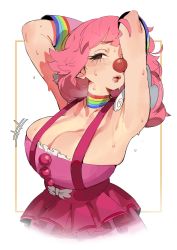 Rule 34 | 1girl, absurdres, ace attorney, alternate breast size, armpits, arms behind head, arms up, blush, breasts, choker, cleavage, clown, clown girl, clown nose, dress, enn matien, eyelashes, frilled dress, frills, geiru toneido, gloves, half-closed eyes, highres, large breasts, lips, lipstick, makeup, medium hair, parted lips, phoenix wright: ace attorney - spirit of justice, pink dress, pink hair, rainbow, shoulder pads, simple background, sleeveless, sleeveless dress, solo, standing, suspenders, suspenders gap, sweat, wavy hair