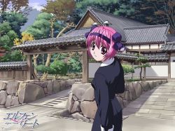 Rule 34 | 00s, architecture, black dress, dress, east asian architecture, elfen lied, house, nana (elfen lied), necktie, pink hair, short hair, solo, tree