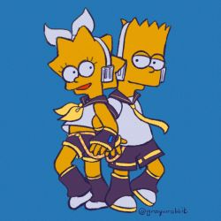 Rule 34 | 1boy, 1girl, arm warmers, bart simpson, black collar, black shorts, blonde hair, blue background, bow, brother and sister, collar, commentary, cosplay, crop top, dot pupils, english commentary, graywrabbit, hair bow, half-closed eyes, highres, kagamine len, kagamine len (cosplay), kagamine rin, kagamine rin (cosplay), leg warmers, lisa simpson, locked arms, matt groening (style), neckerchief, necktie, open mouth, sailor collar, school uniform, shirt, short hair, short shorts, short sleeves, shorts, siblings, smile, spiked hair, the simpsons, toon (style), trait connection, twitter username, vocaloid, white footwear, white shirt, yellow neckerchief