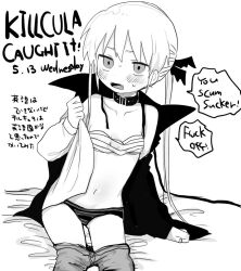 Rule 34 | 1girl, alternate costume, angry, blush, breasts, cape, chest sarashi, collarbone, commentary request, embarrassed, english text, fangs, feet out of frame, frown, furrowed brow, greyscale, kill me baby, long hair, long sleeves, looking at viewer, monochrome, open clothes, open mouth, open shirt, panties, pants, partially undressed, sarashi, short eyebrows, simple background, sitting, small breasts, solo, sonya (kill me baby), speech bubble, striped, striped panties, sweat, translation request, twintails, underwear, undressing, vampire, wing hair ornament, yasashii naizou