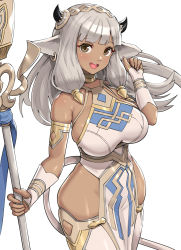 Rule 34 | 1girl, :d, animal ears, ash (fire emblem), black horns, breasts, brown eyes, commentary request, cow ears, cow girl, dark-skinned female, dark skin, female focus, fingernails, fire emblem, fire emblem heroes, gonzarez, highres, holding, holding staff, horns, large breasts, long hair, looking at viewer, nintendo, open mouth, silver hair, simple background, skindentation, smile, solo, staff, thighs, white background