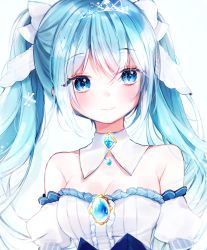 Rule 34 | 1girl, bare shoulders, blush, breasts, brooch, center frills, cleavage, closed mouth, colored eyelashes, detached collar, detached sleeves, eyelashes, frills, gem, hair ornament, hair ribbon, hatsune miku, highres, jewelry, long hair, medium breasts, nare (17 junana), necklace, pendant, puffy short sleeves, puffy sleeves, ribbon, short sleeves, simple background, smile, snowflake hair ornament, solo, strapless, symbol-shaped pupils, teeth, tiara, twintails, upper teeth only, vocaloid, white background, white ribbon, yuki miku