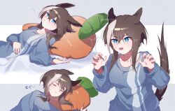 Rule 34 | 1girl, ^^^, alternate costume, animal ears, bed sheet, blue eyes, blue sweater, breasts, brown hair, cheval grand (umamusume), claw pose, closed eyes, closed mouth, grey background, highres, horse ears, horse girl, horse tail, long hair, long sleeves, looking at viewer, multicolored hair, multiple views, hugging object, open mouth, pillow, pillow hug, renma (renma 0503), squeans, small breasts, stiff tail, streaked hair, stuffed carrot, sweat, sweater, tail, twitter username, umamusume, v-shaped eyebrows, watermark