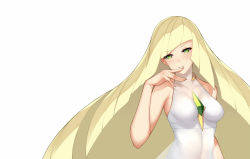 Rule 34 | 1girl, bare arms, blonde hair, breasts, collarbone, commentary request, creatures (company), dean (momodean), diamond (shape), dress, eyelashes, game freak, gem, green eyes, green gemstone, hand up, light smile, long hair, lusamine (pokemon), nintendo, parted lips, pokemon, pokemon sm, sleeveless, sleeveless dress, solo, upper body, white background, white dress