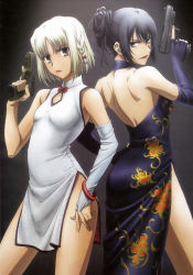 Rule 34 | 2girls, 428, absurdres, alphard (canaan), backless outfit, black hair, braid, canaan (character), canaan (series), china dress, chinese clothes, chunsoft, dress, from behind, gun, handgun, highres, lipstick, looking at viewer, looking back, makeup, multiple girls, pistol, short hair, single braid, trigger discipline, weapon, white hair