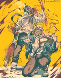 Rule 34 | 1boy, 1girl, arm up, back-to-back, black necktie, blood, blood on clothes, blood splatter, blood spray, blue jacket, chainsaw man, collared shirt, denji (chainsaw man), fingernails, glowing, hemokinesis, highres, horns, hybrid, jacket, long hair, looking at viewer, looking back, necktie, noodlenood, on one knee, patreon username, pink hair, power (chainsaw man), red horns, sharp fingernails, sharp teeth, shirt, shirt partially tucked in, simple background, sleeves rolled up, squatting, teeth, twitter username, white shirt, yellow background, yellow eyes