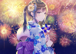 Rule 34 | 1girl, aerial fireworks, blue flower, blue kimono, blue nails, blurry, blurry background, blush, bow, brown hair, commentary request, depth of field, fingernails, fireworks, floral print, flower, grey eyes, hair flower, hair ornament, hand fan, highres, holding, japanese clothes, kashiwabara en, kimono, long sleeves, looking at viewer, looking back, nail polish, night, night sky, original, outdoors, paper fan, parted lips, pinwheel, ponytail, print kimono, purple bow, sidelocks, sky, solo, striped, striped bow, uchiwa, upper body, white flower