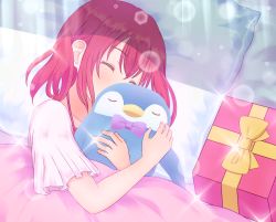 Rule 34 | 1girl, alternate hairstyle, artist name, artist request, bed, blush, bow, box, breasts, closed eyes, female focus, gift, gift box, hair between eyes, highres, holding, holding stuffed animal, kurosawa ruby, looking at viewer, love live!, love live! school idol festival, love live! school idol festival all stars, love live! sunshine!!, on bed, parted lips, pillow, pink shirt, red hair, shirt, short hair, short sleeves, smile, solo, sparkle, stuffed animal, stuffed penguin, stuffed toy, upper body, yellow bow
