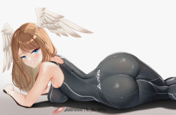Rule 34 | 1girl, ass, ass focus, bare shoulders, blue eyes, blush, bodysuit, breasts, brown hair, come hither, eunie (xenoblade), from behind, head wings, huge ass, long hair, looking at viewer, lying, medium breasts, on stomach, sideboob, smile, solo, wings, xenoblade chronicles (series), xenoblade chronicles 3, z-ki