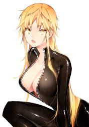 Rule 34 | 1girl, black bodysuit, blonde hair, bodysuit, breasts, cleavage, collarbone, commentary request, eyes visible through hair, fang, genderswap, genderswap (mtf), izumi kouhei, latex, latex bodysuit, long hair, looking at viewer, open bodysuit, open clothes, open mouth, pepper fever, sidelocks, simple background, sitting, solo, very long hair, white background, world trigger, yellow eyes