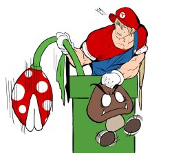 Rule 34 | 1boy, blonde hair, blue eyes, blue overalls, collarbone, cosplay, crossover, fangs, fatal fury, gloves, goomba, hat, holding, long hair, male focus, mario, mario (cosplay), mario (series), muscular, nintendo, open mouth, overalls, smoking pipe, piranha plant, plant, red shirt, sharp teeth, shirt, simple background, snk, teeth, terry bogard, the king of fighters, thick eyebrows, warp pipe, white background, white gloves, yaka (kk1177)