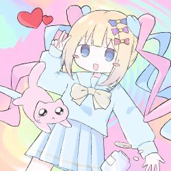 Rule 34 | 10o1!s, 1girl, :&lt;, :d, arm up, blonde hair, blue bow, blue eyes, blue hair, blue serafuku, blue shirt, blue skirt, bow, cat, chouzetsusaikawa tenshi-chan, cowboy shot, crying, crying with eyes open, hair bow, heart, long hair, long sleeves, looking at viewer, multicolored hair, needy girl overdose, open mouth, pien cat (needy girl overdose), pill, pill bottle, pink bow, pink hair, pleated skirt, purple bow, quad tails, school uniform, serafuku, shirt, skirt, smile, solo, standing, tears, v