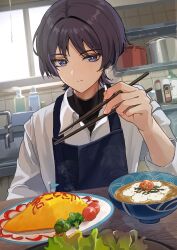 Rule 34 | 1boy, amaguri ya, apron, artist name, black hair, black shirt, blue apron, blunt ends, bottle, bowl, broccoli, cherry tomato, chopsticks, closed mouth, collared shirt, commentary request, cooking pot, eyeshadow, faucet, fingernails, food, genshin impact, hand soap, hand up, highres, holding, holding chopsticks, indoors, ketchup, lettuce, long sleeves, looking at viewer, makeup, male focus, multicolored hair, omelet, omurice, parted bangs, plate, purple eyes, purple hair, red eyeshadow, scaramouche (genshin impact), shelf, shimi chazuke (genshin impact), shirt, short hair, sink, solo, streaked hair, table, tomato, turtleneck, twitter username, undershirt, upper body, white shirt, window, wing collar
