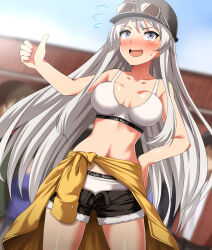 Rule 34 | 1girl, absurdres, azur lane, black hat, black shorts, blurry, blurry background, blush, cabbie hat, clothes around waist, commentary request, cowboy shot, cutoffs, day, denim, denim shorts, depth of field, enterprise (anniversary ride) (azur lane), enterprise (azur lane), eyewear on headwear, flying sweatdrops, grey eyes, grey hair, hand on own hip, hat, highres, jacket, jacket around waist, long hair, navel, official alternate costume, open fly, open mouth, outdoors, panties, partial commentary, shorts, smile, solo, sports panties, standing, sunglasses, sweatdrop, thumbs up, underwear, very long hair, white panties, yellow jacket, zanntetu