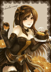 Rule 34 | 1girl, :p, bare shoulders, black bow, black bowtie, bow, bowtie, breasts, brown hair, cake, chiko (d04099), chocolate, cleavage, dress, elbow gloves, food, fruit, gloves, gothic lolita, hair ornament, lolita fashion, long hair, orange (fruit), orange eyes, original, ribbon, solo, striped ribbon, thighhighs, tongue, tongue out, zettai ryouiki