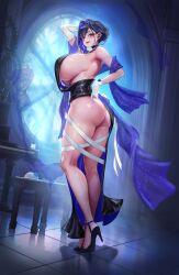 Rule 34 | 1girl, absurdres, ass, asymmetrical gloves, black dress, black footwear, blue eyes, blue hair, blush, breasts, choker, dress, fangs, from behind, full body, gloves, high heels, highres, hololive, huge breasts, indoors, jagoo, legs, looking at viewer, looking back, moonlight, ouro kronii, short hair, sideboob, smile, solo, standing, thighs, virtual youtuber, white gloves