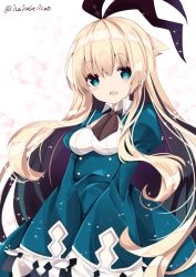 Rule 34 | 1girl, :d, alice (grimms notes), bad id, bad pixiv id, black ribbon, blonde hair, blue dress, blush, breasts, brown neckwear, collared dress, commentary request, dress, green eyes, grimms notes, hair between eyes, hair ribbon, head tilt, juliet sleeves, long hair, long sleeves, medium breasts, nanase nao, open mouth, puffy sleeves, ribbon, sleeves past fingers, sleeves past wrists, smile, solo, twitter username, upper body, very long hair