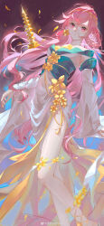 Rule 34 | 1girl, absurdres, artist request, bare legs, closed mouth, detached sleeves, douluo dalu, dress, falling petals, floating, floating hair, floating object, flower ornament, highres, leg up, long hair, long sleeves, ning rongrong (douluo dalu), petals, pink eyes, pink hair, sash, second-party source, solo, white dress