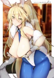 Rule 34 | 1girl, animal ears, artoria pendragon (all), artoria pendragon (fate), artoria pendragon (swimsuit ruler) (fate), bare shoulders, between breasts, blonde hair, blue pantyhose, blush, breasts, cleavage, crown, fake animal ears, fate/grand order, fate (series), fishnet pantyhose, fishnets, green eyes, hair between eyes, highres, large breasts, leotard, long hair, looking at viewer, necktie, necktie between breasts, pantyhose, parted lips, playboy bunny, ponytail, rabbit ears, rib:y(uhki), solo, very long hair, wrist cuffs