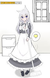 Rule 34 | 1girl, absurdres, animal ears, apron, black bow, black bowtie, black dress, black footwear, bladder, blue eyes, blush, bow, bowtie, breasts, broom, buttons, closed mouth, collared shirt, dress, english text, female focus, fox ears, fox girl, frilled apron, frilled shirt, frills, full body, grey hair, hand up, have to pee, highres, holding, holding broom, indoors, juliet sleeves, long hair, long sleeves, looking at viewer, maid, maid apron, maid headdress, medium breasts, motion lines, nervous, original, partially colored, pee, puffy sleeves, shirt, shoes, solo, speech bubble, standing, sweat, toya12011, urine meter, white apron, white legwear, white shirt, window