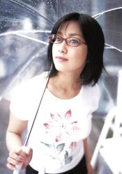 Rule 34 | glasses, highres, komukai minako, photo (medium), shirt, t-shirt, tagme, transparent umbrella, umbrella
