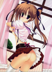 Rule 34 | 1girl, absurdres, blush, breasts, brown hair, cleft of venus, female focus, hair ribbon, highres, long hair, looking at viewer, mitha, no panties, open mouth, petticoat, pleated skirt, purple eyes, pussy, ribbon, skirt, solo, thighhighs, twintails, uncensored, underboob, undressing, upskirt