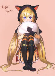 Rule 34 | 1girl, animal hood, bag, blonde hair, blue eyes, blush, boots, character name, copyright name, crossed ankles, garter straps, gloves, highres, holding, holding bag, hood, jinichi, knees to chest, legs together, long hair, looking at viewer, on floor, orange background, sennen sensou aigis, seven (sennen sensou aigis), simple background, sitting, solo, striped clothes, striped thighhighs, thighhighs, thighs, twintails, very long hair