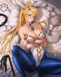 Rule 34 | 1girl, ahoge, animal ears, artoria pendragon (all), artoria pendragon (fate), artoria pendragon (swimsuit ruler) (fate), ass, asymmetrical bangs, bare shoulders, blonde hair, blue pantyhose, blush, braid, breast hold, breasts, chain, choker, cleavage, clothing cutout, collarbone, crown, detached collar, fake animal ears, fate/grand order, fate (series), fishnet pantyhose, fishnets, fur, green eyes, half-closed eyes, high ponytail, highleg, highleg leotard, highres, large breasts, leotard, lips, long hair, looking at viewer, lying, mhk (mechamania), navel, navel cutout, necktie, no shoes, pantyhose, parted lips, pillow, playboy bunny, ponytail, rabbit ears, solo, strapless, strapless leotard, wing collar