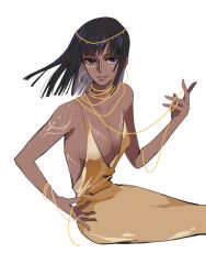 1girl black_hair blue_eyes blunt_ends breasts cleavage commentary_request dark-skinned_female dark_skin dress earrings floating_hair guaguapiu highres hoop_earrings jewelry light_smile makeup medium_hair nico_robin one_piece plunging_neckline simple_background sitting solo white_background yellow_dress