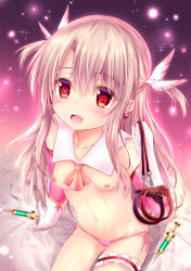 Rule 34 | 1girl, :d, blush, breasts, cameltoe, collar, collarbone, detached collar, detached sleeves, earrings, fate/kaleid liner prisma illya, fate (series), feather hair ornament, feathers, female focus, gloves, hair between eyes, hair ornament, highres, holding, illyasviel von einzbern, jewelry, light brown hair, looking at viewer, looking up, multicolored eyes, navel, open mouth, panties, pink panties, prisma illya, shaian, side-tie panties, sidelocks, sitting, small breasts, smile, solo, syringe, thigh strap, underwear, white collar, white gloves