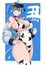 Rule 34 | 1girl, 2021, absurdres, ahoge, animal print, bell, blue background, blue eyes, blue hair, border, breasts, cleavage, closed mouth, collar, commentary request, copyright request, cow print, cow tail, cowbell, hair between eyes, hand on own hip, highres, large breasts, looking at viewer, maruyaa (malya1006), medium hair, neck bell, one-piece swimsuit, red collar, simple background, smile, solo, swimsuit, tail, thighhighs, twintails, visor cap, white border, white one-piece swimsuit, white thighhighs