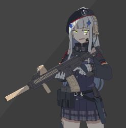 Rule 34 | 1girl, assault rifle, belt, beret, black background, black hat, black jacket, blunt bangs, commentary, cross, emblem, facial mark, german flag, girls&#039; frontline, gloves, grey gloves, grey skirt, gun, h&amp;k hk416, hair ornament, half-closed eyes, hat, headset, highres, hk416 (girls&#039; frontline), holding, holding gun, holding weapon, iron cross, jacket, knife, long hair, looking at viewer, magazine (weapon), military hat, miniskirt, open mouth, plaid, plaid skirt, pleated skirt, rifle, silver hair, simple background, skirt, smile, solo, standing, tilted headwear, utility belt, wani (perfect han), weapon, yellow eyes