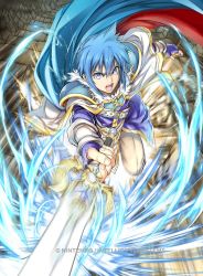 Rule 34 | 1boy, al (fire emblem), armor, blue eyes, blue hair, cape, company name, fingerless gloves, fire emblem, fire emblem: hasha no tsurugi, fire emblem cipher, gloves, male focus, official art, open mouth, solo, stairs, sword, teeth, weapon, yamada koutarou