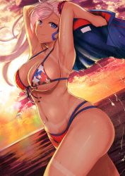 Rule 34 | 1girl, american flag bikini, araimooah, armpits, arms up, asymmetrical hair, bikini, blue eyes, breasts, cleavage, cloud, cloudy sky, fate/grand order, fate (series), flag print, front-tie bikini top, front-tie top, hair bun, highres, large breasts, long hair, looking at viewer, miyamoto musashi (fate), miyamoto musashi (fate/grand order), miyamoto musashi (swimsuit berserker) (fate), miyamoto musashi (swimsuit berserker) (second ascension) (fate), multi-strapped bikini, navel, outdoors, pink hair, revision, side bun, single hair bun, single side bun, single sidelock, skindentation, sky, smile, solo, swept bangs, swimsuit, tan, tanline, thighs