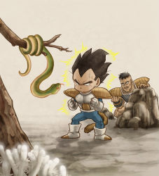 Rule 34 | 2boys, aged down, alternate hairstyle, armor, aura, bad id, bad pixiv id, black hair, boots, clenched hand, clenched hands, dragon ball, dragonball z, facial hair, forked tongue, hiding, highres, male focus, monkey tail, multiple boys, mustache, nappa, rock, shadow, shoulder pads, snake, sweat, tail, tears, tongue, trembling, uirina, vegeta, white footwear, white tail, widow&#039;s peak
