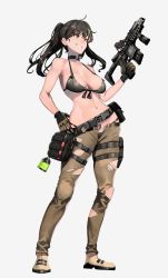 Rule 34 | 1girl, armband, assault rifle, bad id, bad twitter id, bag, bare shoulders, beige footwear, bikini, black hair, breasts, brown eyes, buckle, choker, full body, girls&#039; frontline, gloves, green bikini, green gloves, green hair, green pants, grin, gun, hair between eyes, hand on own hip, highres, holding, holding gun, holding weapon, ihobus, large breasts, long hair, m4 carbine, m4a1 (girls&#039; frontline), magazine (weapon), multicolored hair, muzzle device, navel, open fly, pants, rifle, shoes, sidelocks, smile, snap-fit buckle, solo, standing, stomach, streaked hair, swimsuit, thigh strap, trigger discipline, twintails, weapon